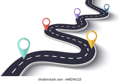 Winding Road on a White Isolated Background. Road way location infographic template with pin pointer. Vector EPS 10