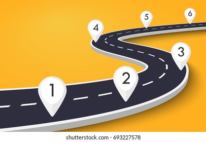 Winding Road on a White Isolated Background. Road way location infographic template with pin pointer. Vector EPS 10