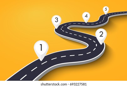Winding Road on a White Isolated Background. Road way location infographic template with pin pointer. Vector EPS 10