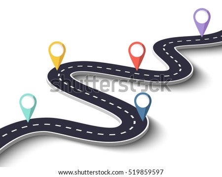 Winding Road on a White Isolated Background. Road way location infographic template with pin pointer. Vector EPS 10