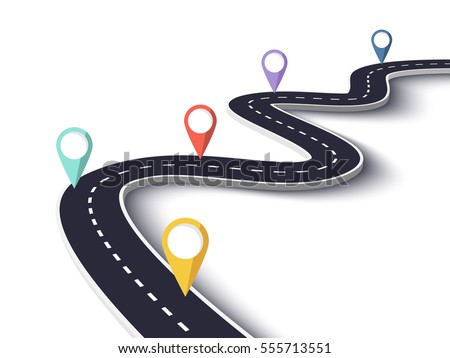 Winding Road on a White Isolated Background. Road way location infographic template with pin pointer. Vector EPS 10