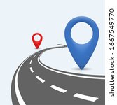 Winding road path with location pointer. Travel route. Vector illustration.