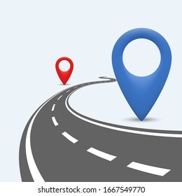 Winding road path with location pointer. Travel route. Vector illustration.