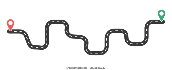 Winding road path with a red starting point marker and a green destination pin on a white background