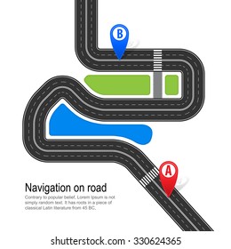A winding road with pedestrian crossings. Navigation by road from point A to point B/Navigating the roads/Road with pedestrian crossings and signposts