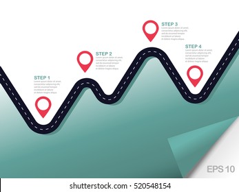 Winding road with pinpointer and mountain silhouette. Vector EPS 10