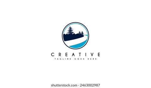 Winding Road River Creek mit Pine Tree Logo Design Vektorillustration