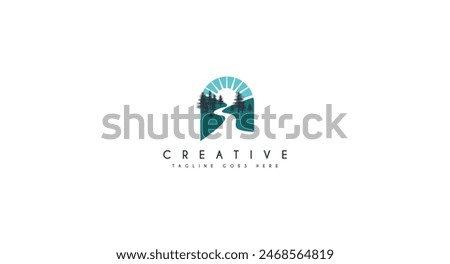 Winding Road River With Sun and Pine tree Logo design vector illustration.