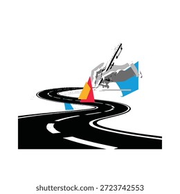 A winding road with a robotic hand and geometric shapes above