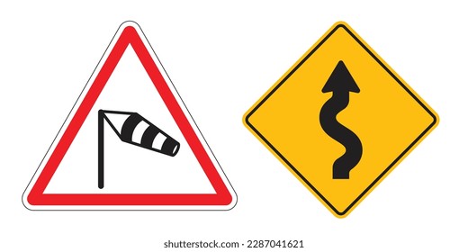 winding road sign and windy road signs. roadside sign on white background