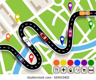 Winding road with signs. City map. Movement of vehicles. The path specifies the navigator. Vector illustration