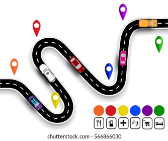 Winding road with signs. The movement of cars. The path specifies the navigator. Vector illustration
