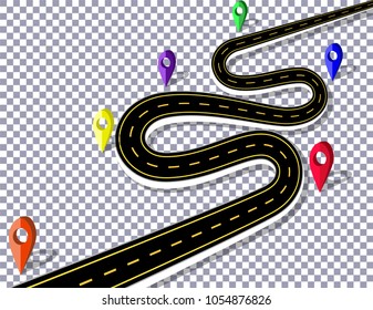 Winding road with signs on checker background. The marks indicated by the navigator. Vector illustration