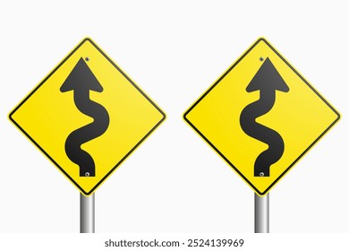 Winding Road Signs: vector illustration of traffic signs signaling a winding road ahead on a white background