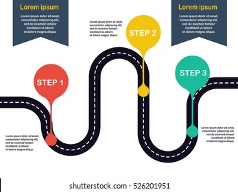 Winding road steps Horizontal diagram with pin-pointers. Vector EPS 10