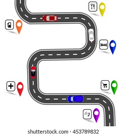 Winding road with stops signs. The path specifies the navigator. Vector illustration