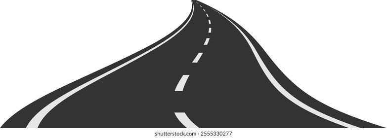 Winding road stretching into the distance against a clean white background, symbolizing themes of journey, travel, and the uncertainty of the future ahead