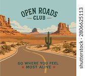 An winding road stretching through a desert landscape filled with saguaro cacti and shrubs. Hand drawing illustration vector