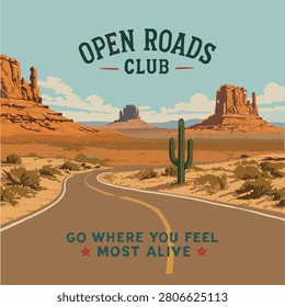 An winding road stretching through a desert landscape filled with saguaro cacti and shrubs. Hand drawing illustration vector