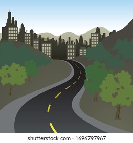 An winding road that leads into a city nested between mountains.