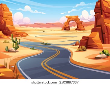 Winding road through desert landscape with rock formations and cacti. Vector cartoon illustration