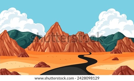 Winding road through a desert with mountains