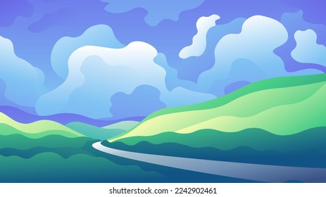 Camino serpenteante a través de verdes colinas altas. Ilustración brillante de primavera diurna.