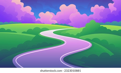 Winding road through green meadows against the backdrop of a beautiful pink fluffy sky clouds.