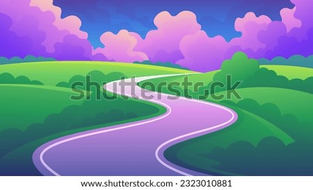 Winding road through green meadows against the backdrop of a beautiful pink fluffy sky clouds.