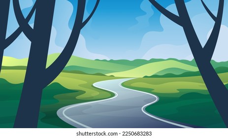 Winding road through green summer meadows on hills background.
