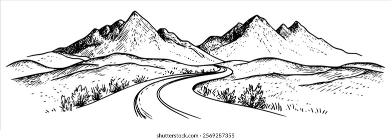 winding road through mountains and hills hand drawn doodle sketch