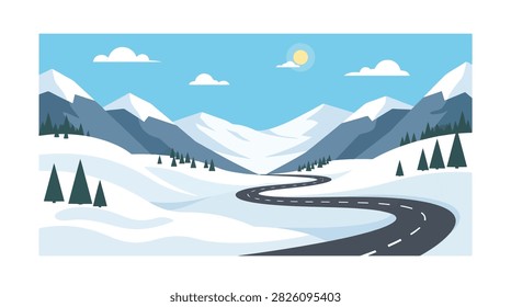 Winding road through snowy mountains winter landscape with mountains, landscape