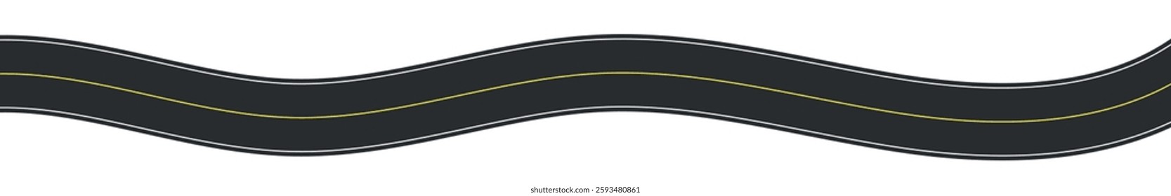 Winding road top view, curved highway path with lane markings, long trip route map, wavy street track design. Flat vector illustration isolated on white background.