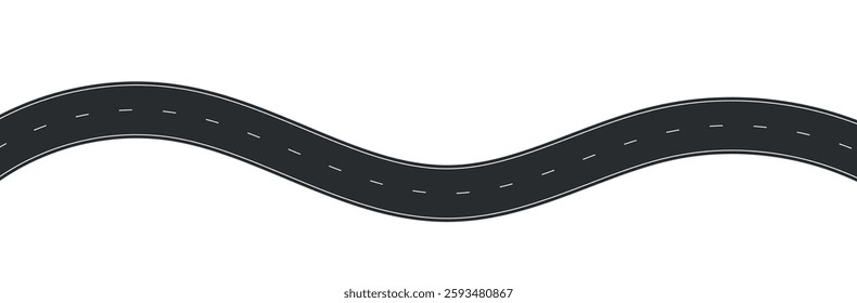 Winding road top view, curved highway path with lane markings, long trip route map, wavy street track design. Flat vector illustration isolated on white background.