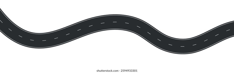 Winding road top view, curved highway path with lane markings, long trip route map, wavy street track design. Flat vector illustration isolated on white background.