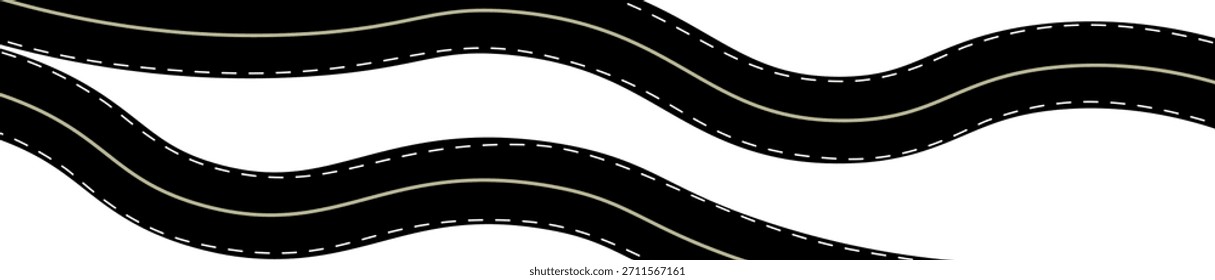 Winding Road Draufsicht, gekrümmter Autobahnweg mit Fahrspurmarkierungen, lange Fahrt Route Karte, gewellte Straße Track Design. Flache Vektorgrafik einzeln auf weißem Hintergrund.