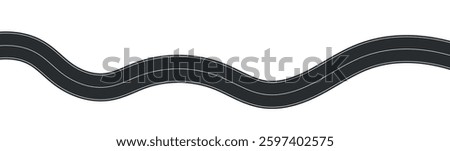 Winding road top view, curved highway path with lane markings, race track or travel route map, wavy roadway design. Flat vector illustration isolated on white background.