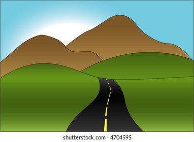 a winding road toward hills and mountains