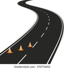 winding road with traffic cones isolated on white background. vector illustration