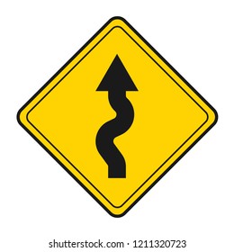 winding road traffic sign vector icon, modern design, flat style, black and yellow color