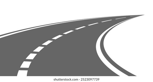 Winding road. Traveling along a curved highway. Background of the road to the horizon in perspective. Curvy asphalt empty line isolated vector concept.