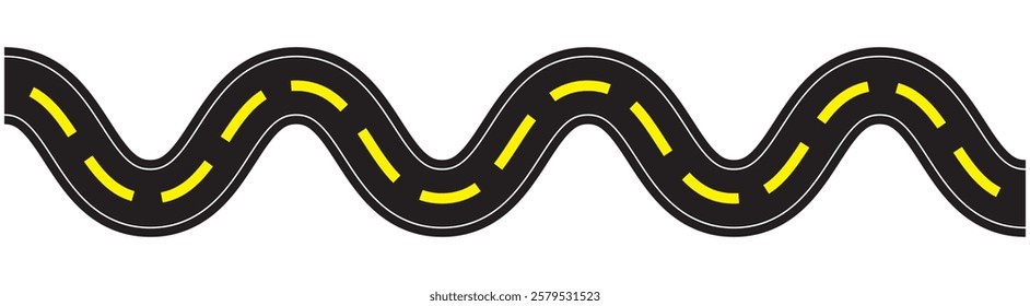 Winding road. Traveling along a curved highway. Background of the road to the horizon in perspective. Curvy asphalt empty line isolated vector concept. Vector winding road isolated on transparent back