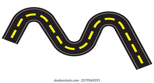 Winding road. Traveling along a curved highway. Background of the road to the horizon in perspective. Curvy asphalt empty line isolated vector concept. 