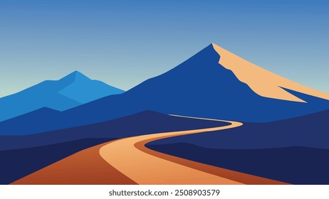 Winding road traverses through majestic mountains, with fluffy clouds drifting in the background, creating a serene landscape flat vector illustration