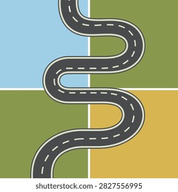 A winding road traverses through a vibrant landscape divided into four distinct colored sections