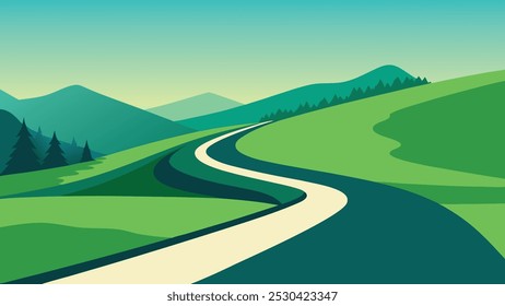 Winding road traversing a vibrant green landscape, surrounded by gentle hills and open skies flat vector illustration Nature background.