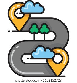 Winding Road Trip Icon with Location Pins, Trees, and Clouds Ill
