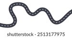 Winding road vector illustration, curved highway icon, black and white road graphic, abstract transportation route, dashed line path, asphalt driving symbol, infographic element