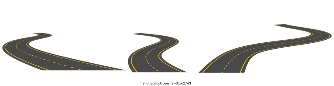 Winding road vector illustration with curved asphalt highway path with yellow lane markings, icon set isolated on white background. Perspactive view of street journey route for map design