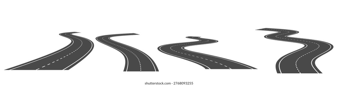  Winding road vector illustration with curved asphalt highway path with white lane markings, icon set isolated on background. Perspactive view of street journey route for map design.